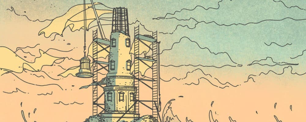 Tecknad bild på ett torn med byggställning i öde landskap.