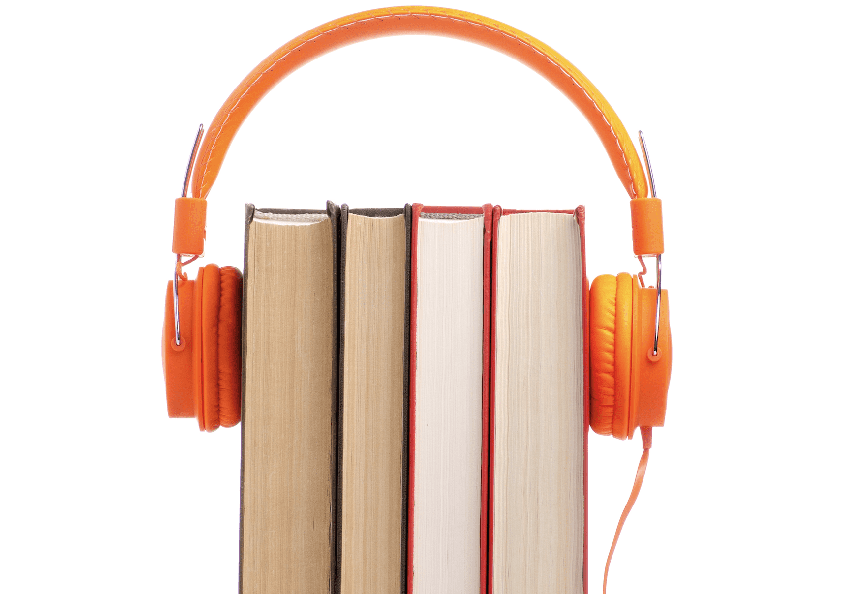 Bilden visar ett par orange hörlurar som sitter om en packe böcker, som på ett huvud