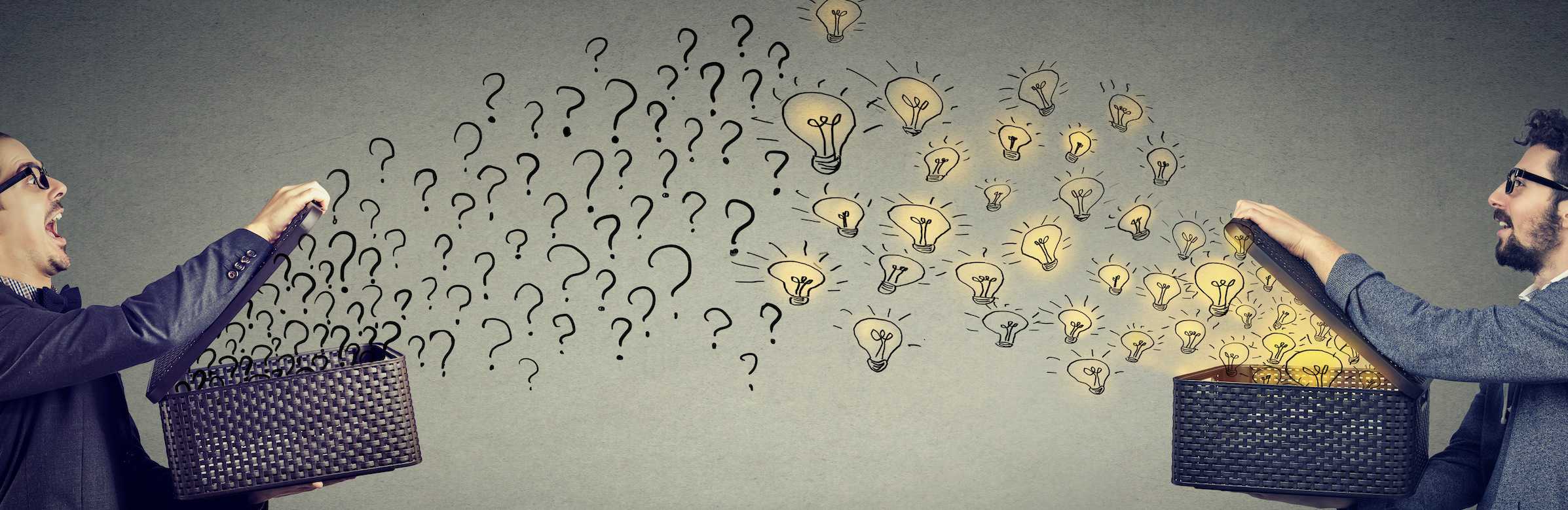 Ett regn av tecknade frågetecken och tända glödlampor som illustrerar goda ideer